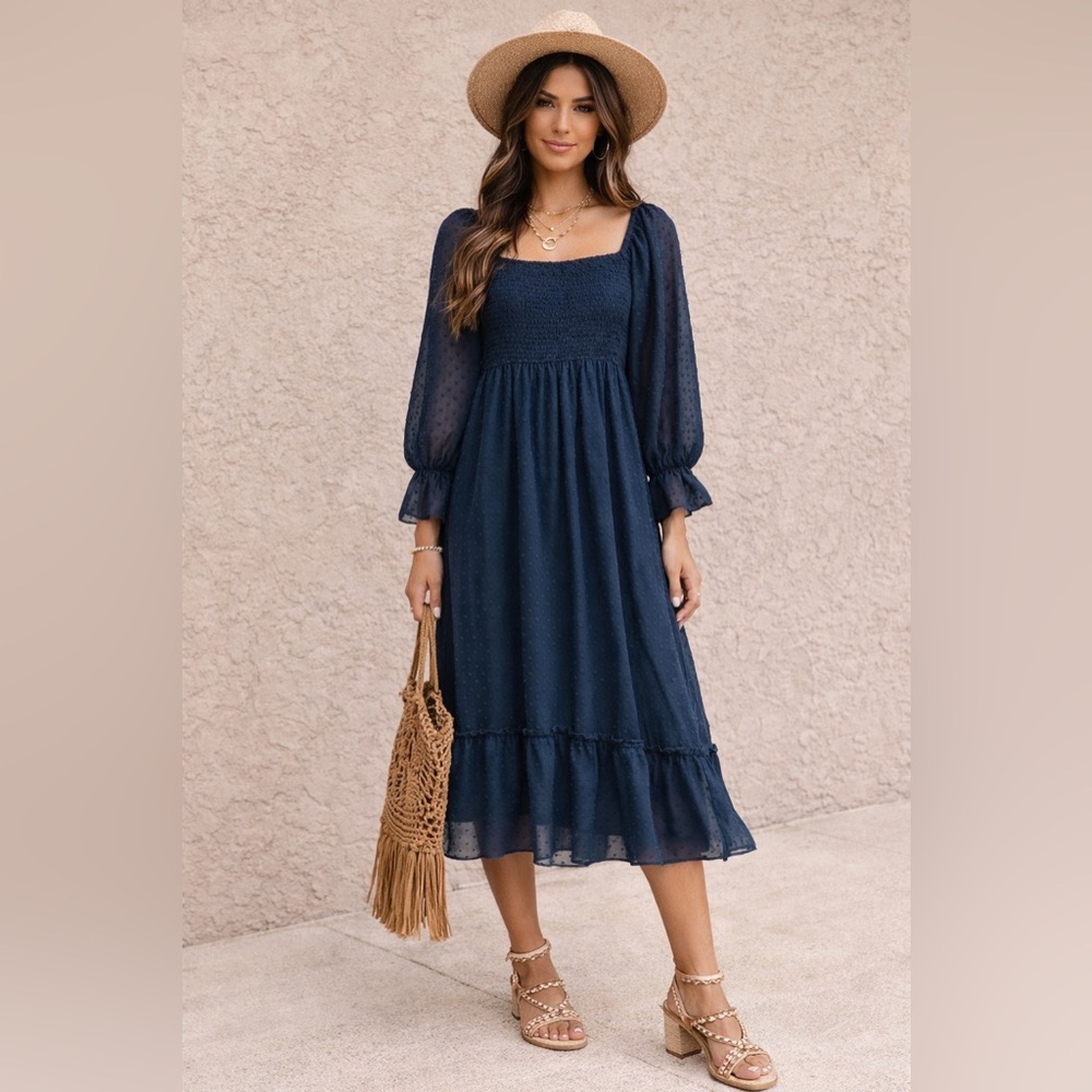 Navy Blue Swiss Dot Midi Dress Tie Back Square Neck Long Sleeve Ruffle Hem 0-2